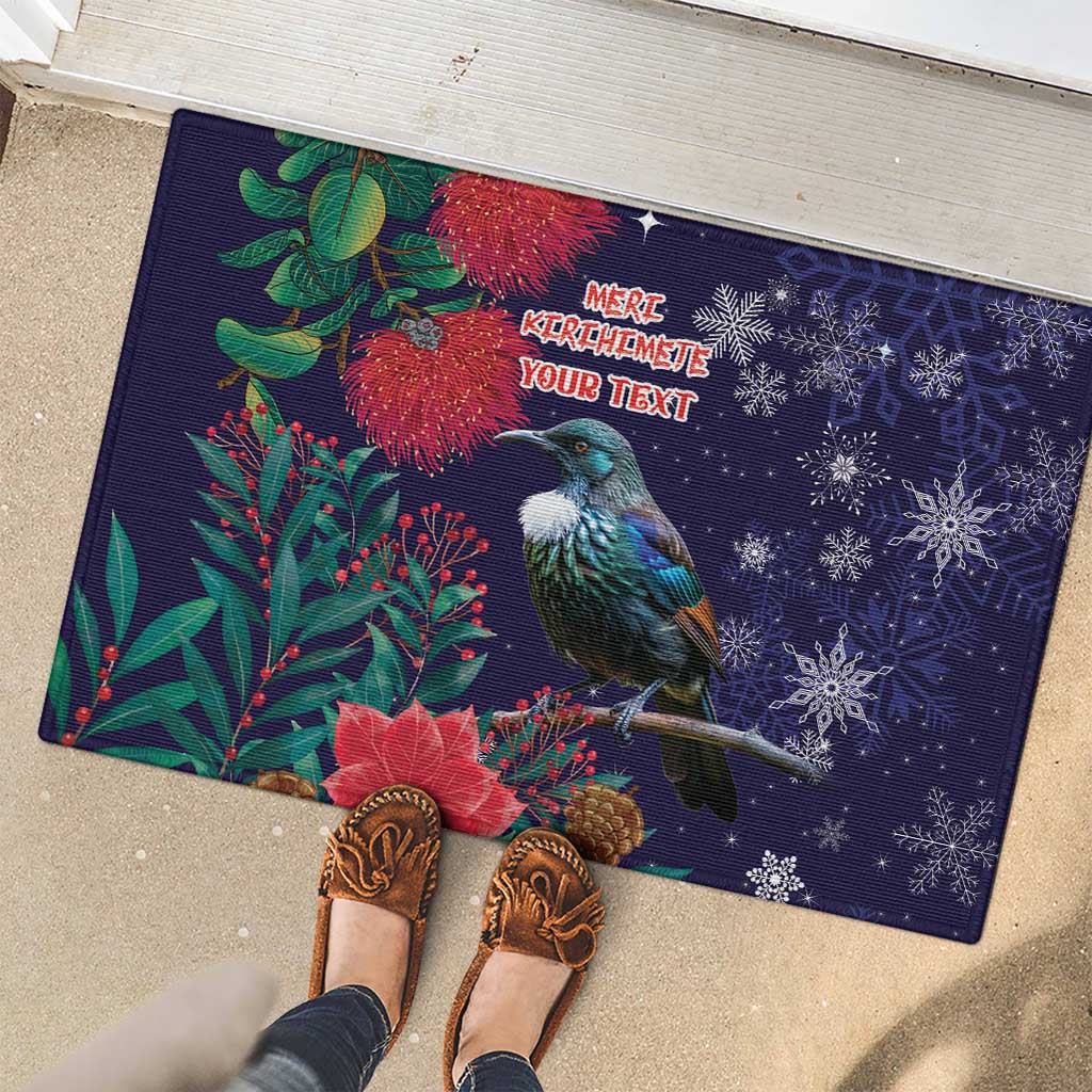 Tui Meri Kirihimete Personalised Rubber Doormat Pohutukawa Flowers Blue Motif - Aussie Hoodie