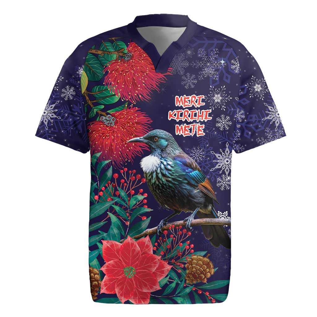 Tui Meri Kirihimete Personalised Rugby Jersey Pohutukawa Flowers Blue Motif - Aussie Hoodie
