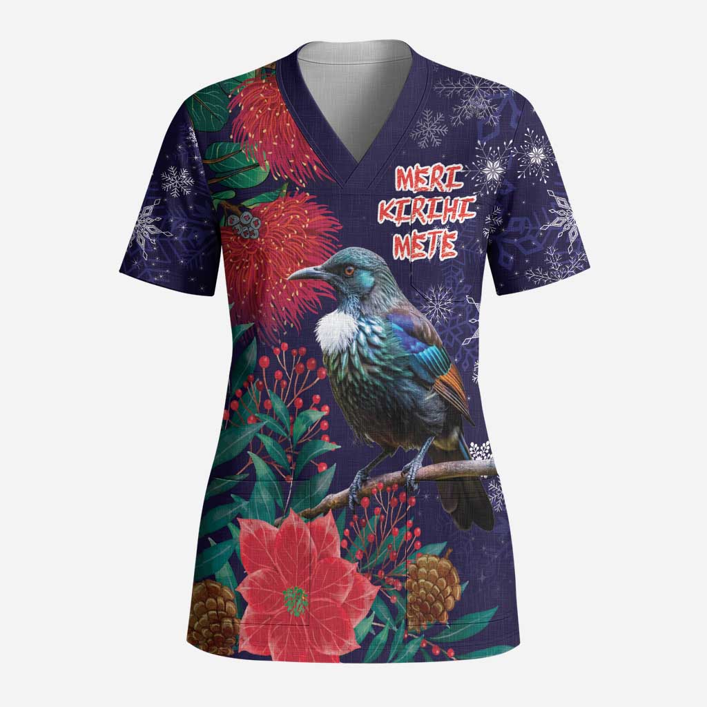 Tui Meri Kirihimete Personalised Scrub Top Pohutukawa Flowers Blue Motif - Aussie Hoodie