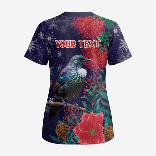 Tui Meri Kirihimete Personalised Scrub Top Pohutukawa Flowers Blue Motif - Aussie Hoodie