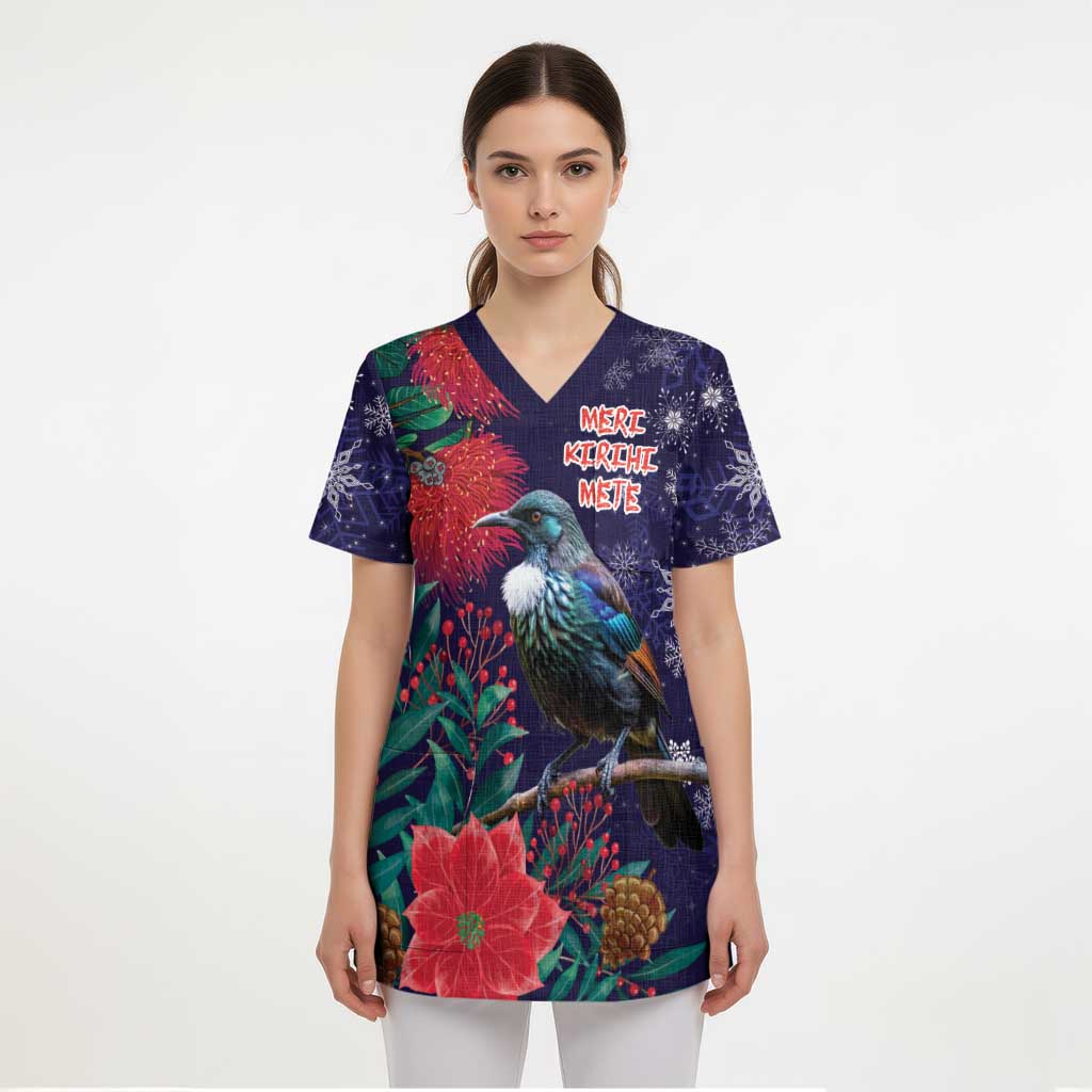 Tui Meri Kirihimete Personalised Scrub Top Pohutukawa Flowers Blue Motif - Aussie Hoodie