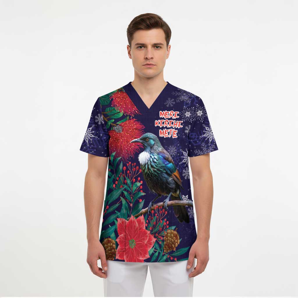 Tui Meri Kirihimete Personalised Scrub Top Pohutukawa Flowers Blue Motif - Aussie Hoodie