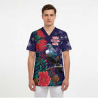 Tui Meri Kirihimete Personalised Scrub Top Pohutukawa Flowers Blue Motif - Aussie Hoodie