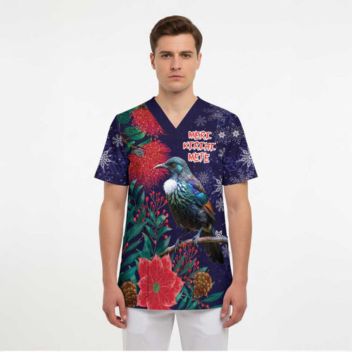 Tui Meri Kirihimete Personalised Scrub Top Pohutukawa Flowers Blue Motif - Aussie Hoodie