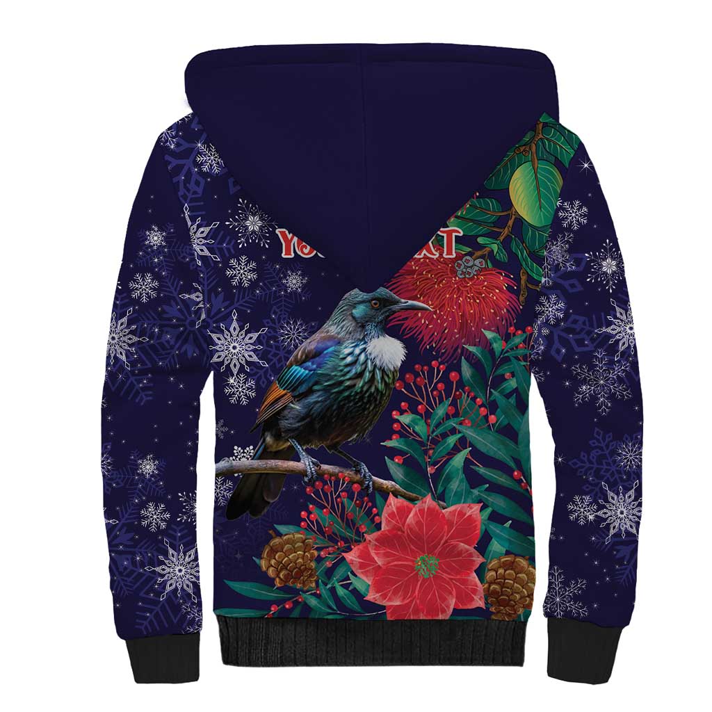Tui Meri Kirihimete Personalised Sherpa Hoodie Pohutukawa Flowers Blue Motif - Aussie Hoodie