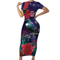 Tui Meri Kirihimete Personalised Short Sleeve Bodycon Dress Pohutukawa Flowers Blue Motif - Aussie Hoodie