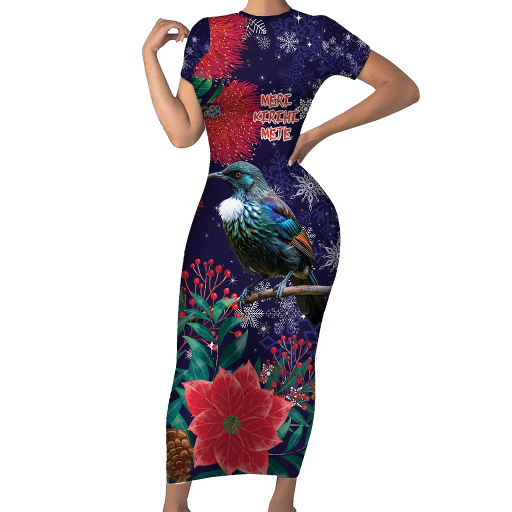 Tui Meri Kirihimete Personalised Short Sleeve Bodycon Dress Pohutukawa Flowers Blue Motif - Aussie Hoodie