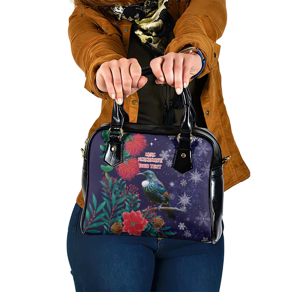 Tui Meri Kirihimete Personalised Shoulder Handbag Pohutukawa Flowers Blue Motif - Aussie Hoodie