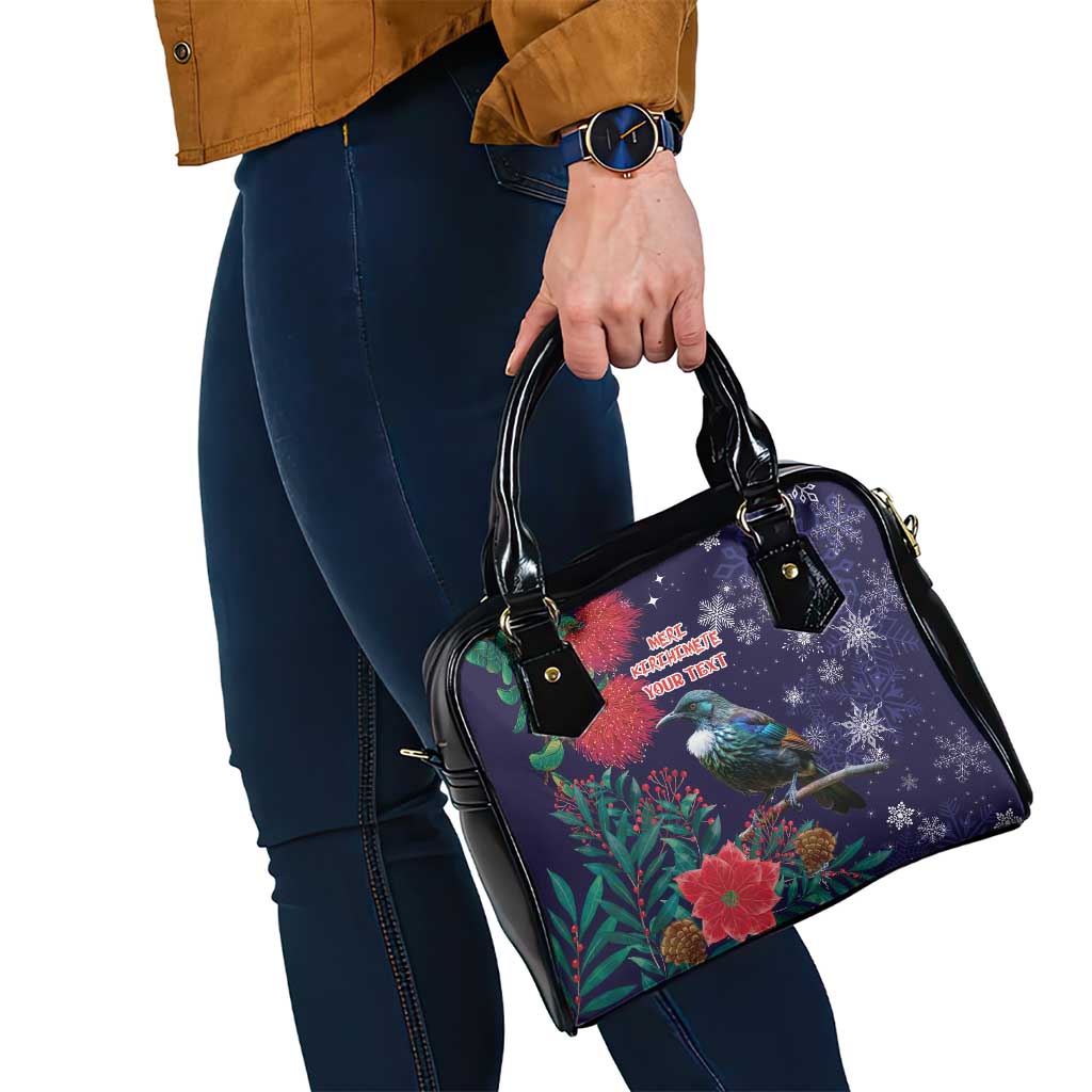 Tui Meri Kirihimete Personalised Shoulder Handbag Pohutukawa Flowers Blue Motif - Aussie Hoodie