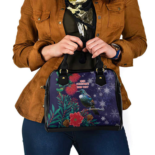 Tui Meri Kirihimete Personalised Shoulder Handbag Pohutukawa Flowers Blue Motif - Aussie Hoodie