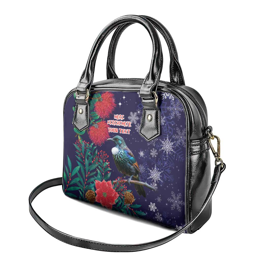 Tui Meri Kirihimete Personalised Shoulder Handbag Pohutukawa Flowers Blue Motif - Aussie Hoodie