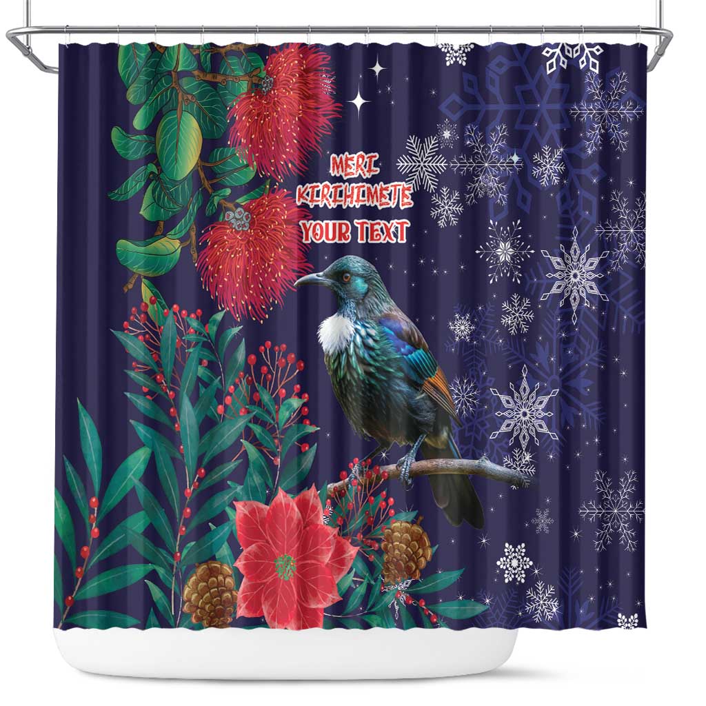 Tui Meri Kirihimete Personalised Shower Curtain Pohutukawa Flowers Blue Motif - Aussie Hoodie