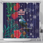 Tui Meri Kirihimete Personalised Shower Curtain Pohutukawa Flowers Blue Motif - Aussie Hoodie