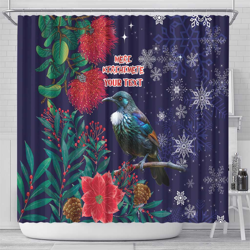 Tui Meri Kirihimete Personalised Shower Curtain Pohutukawa Flowers Blue Motif - Aussie Hoodie