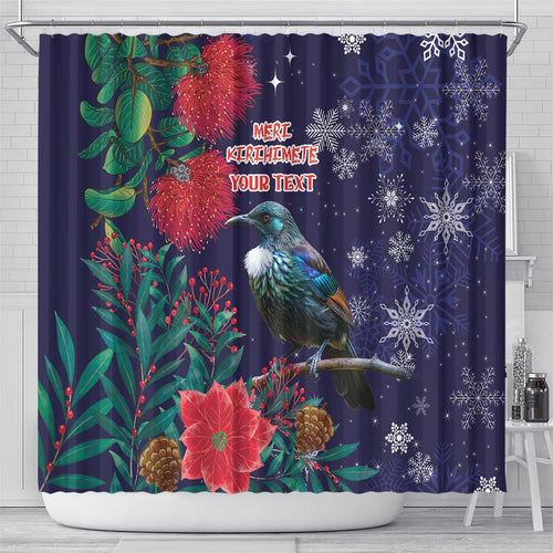 Tui Meri Kirihimete Personalised Shower Curtain Pohutukawa Flowers Blue Motif - Aussie Hoodie