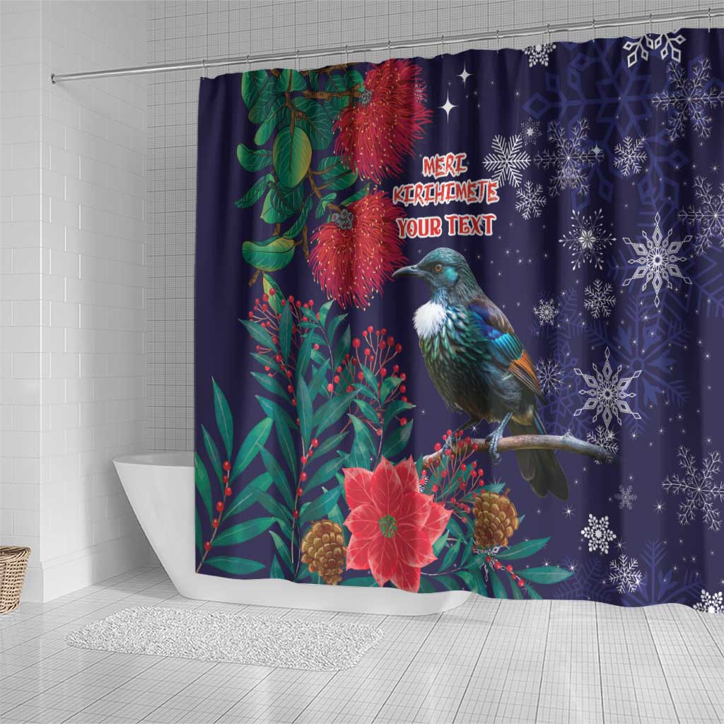 Tui Meri Kirihimete Personalised Shower Curtain Pohutukawa Flowers Blue Motif - Aussie Hoodie