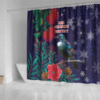 Tui Meri Kirihimete Personalised Shower Curtain Pohutukawa Flowers Blue Motif - Aussie Hoodie