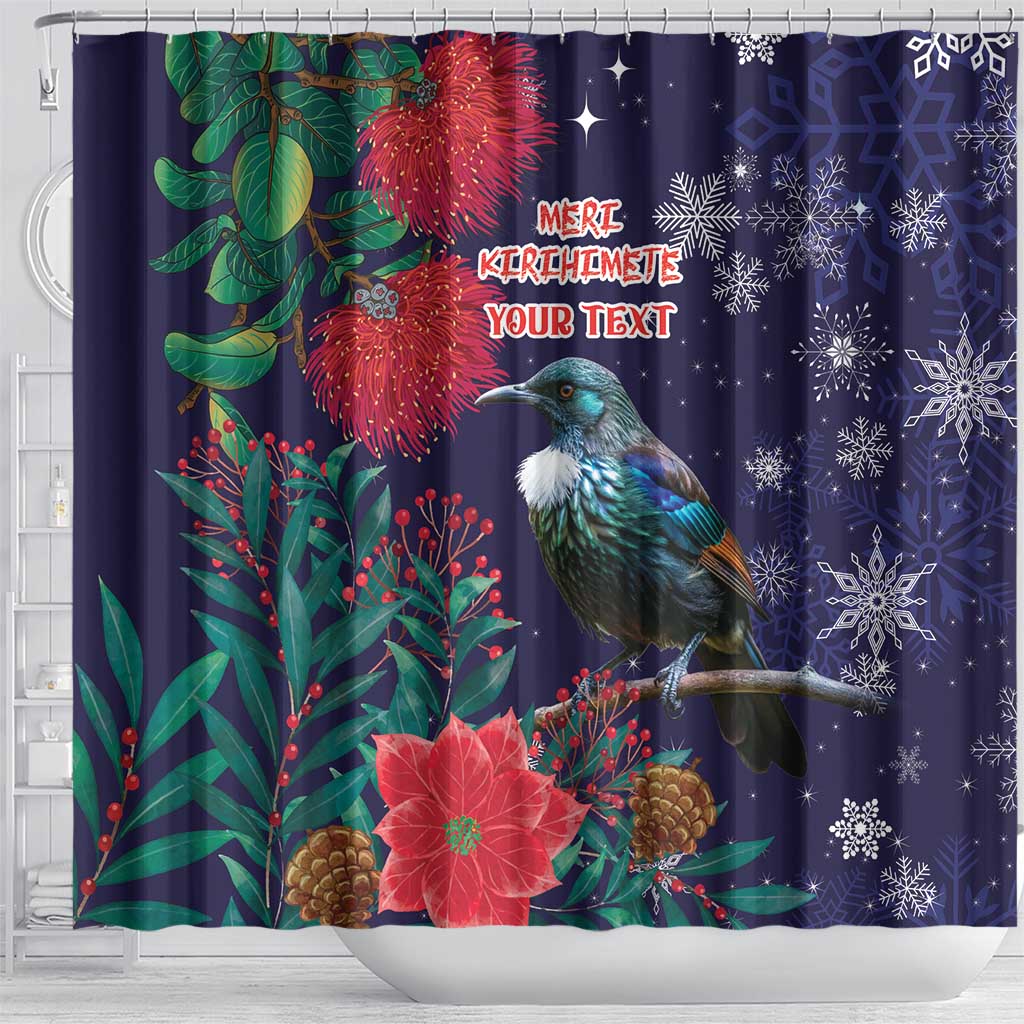 Tui Meri Kirihimete Personalised Shower Curtain Pohutukawa Flowers Blue Motif - Aussie Hoodie