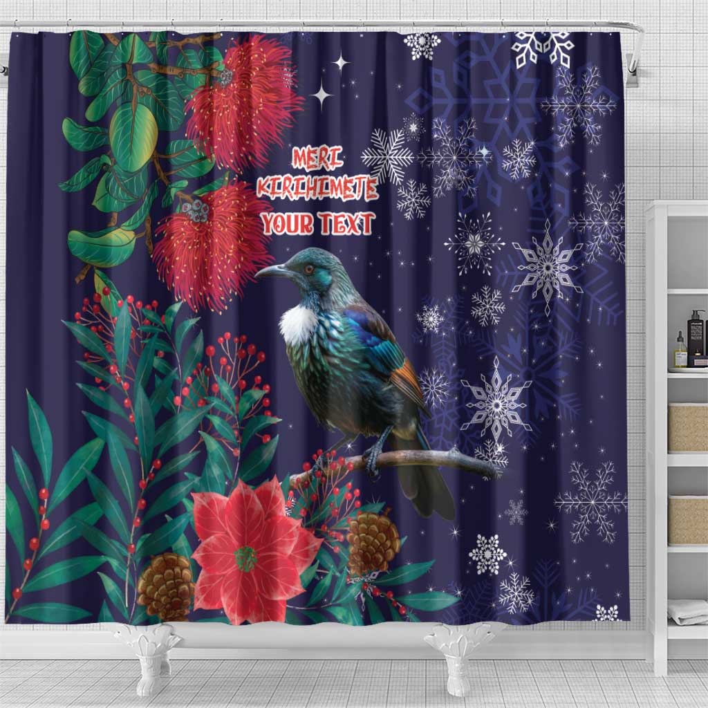 Tui Meri Kirihimete Personalised Shower Curtain Pohutukawa Flowers Blue Motif - Aussie Hoodie