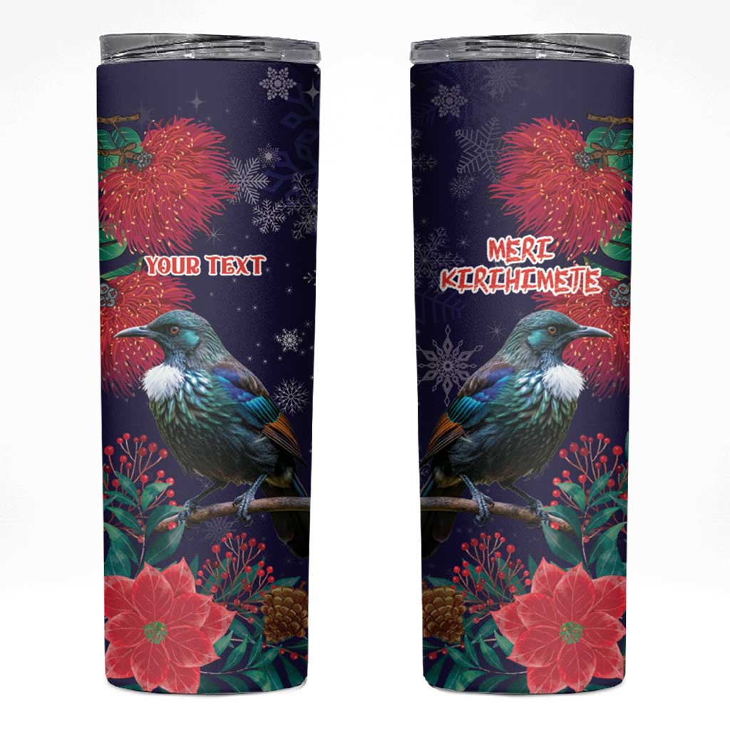 Tui Meri Kirihimete Personalised Skinny Tumbler Pohutukawa Flowers Blue Motif - Aussie Hoodie