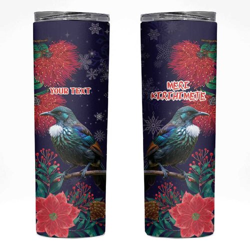 Tui Meri Kirihimete Personalised Skinny Tumbler Pohutukawa Flowers Blue Motif - Aussie Hoodie