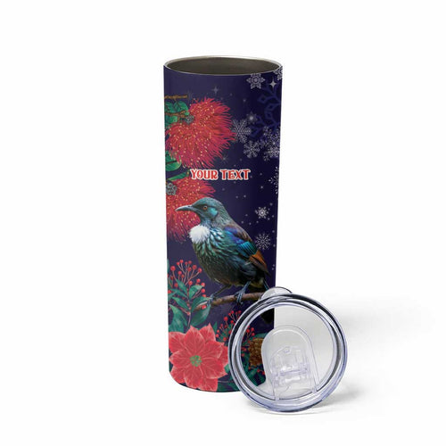 Tui Meri Kirihimete Personalised Skinny Tumbler Pohutukawa Flowers Blue Motif - Aussie Hoodie