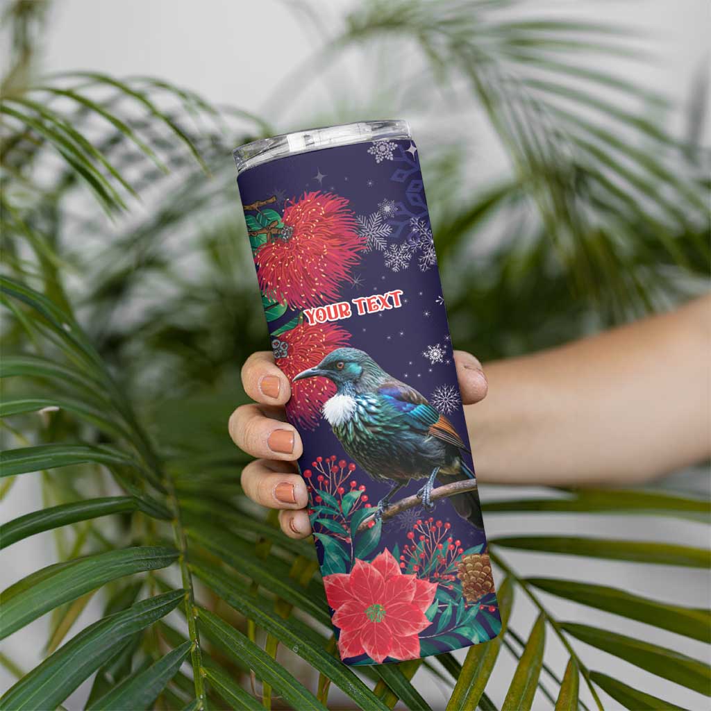 Tui Meri Kirihimete Personalised Skinny Tumbler Pohutukawa Flowers Blue Motif - Aussie Hoodie