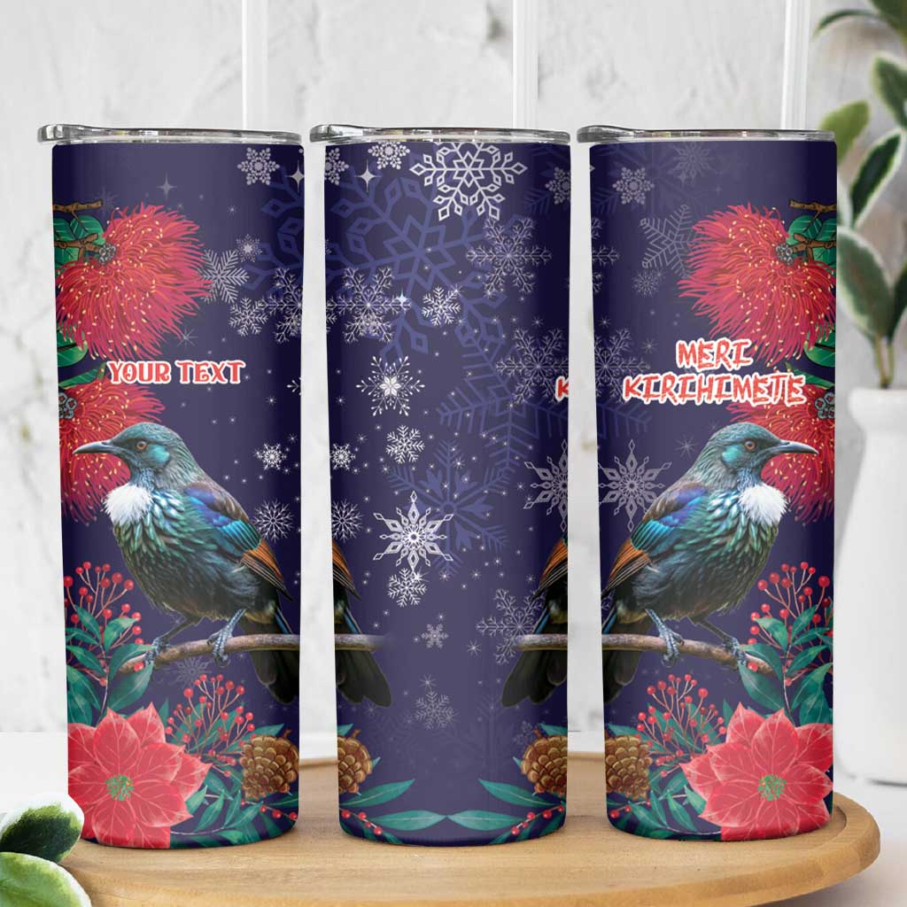 Tui Meri Kirihimete Personalised Skinny Tumbler Pohutukawa Flowers Blue Motif - Aussie Hoodie