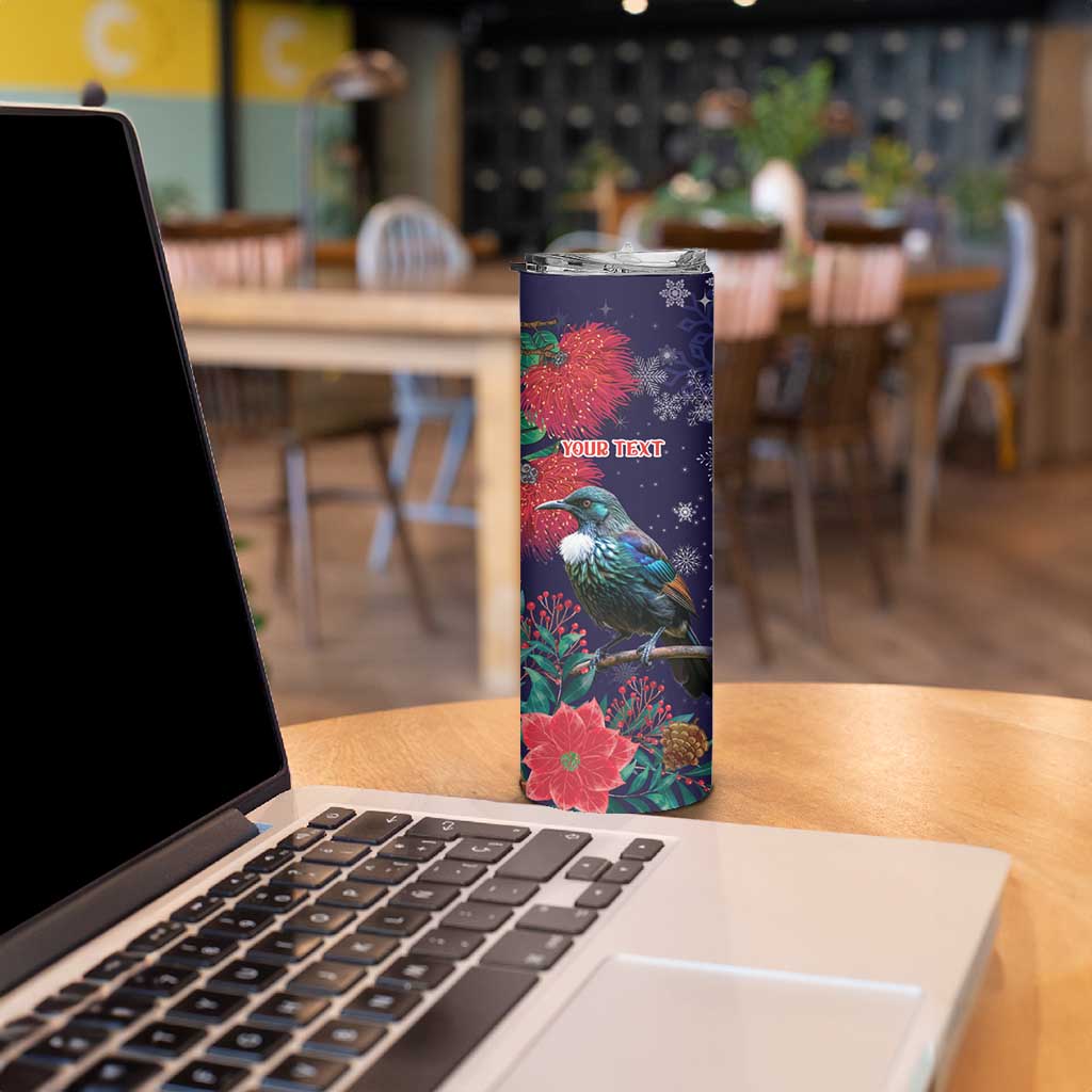 Tui Meri Kirihimete Personalised Skinny Tumbler Pohutukawa Flowers Blue Motif - Aussie Hoodie