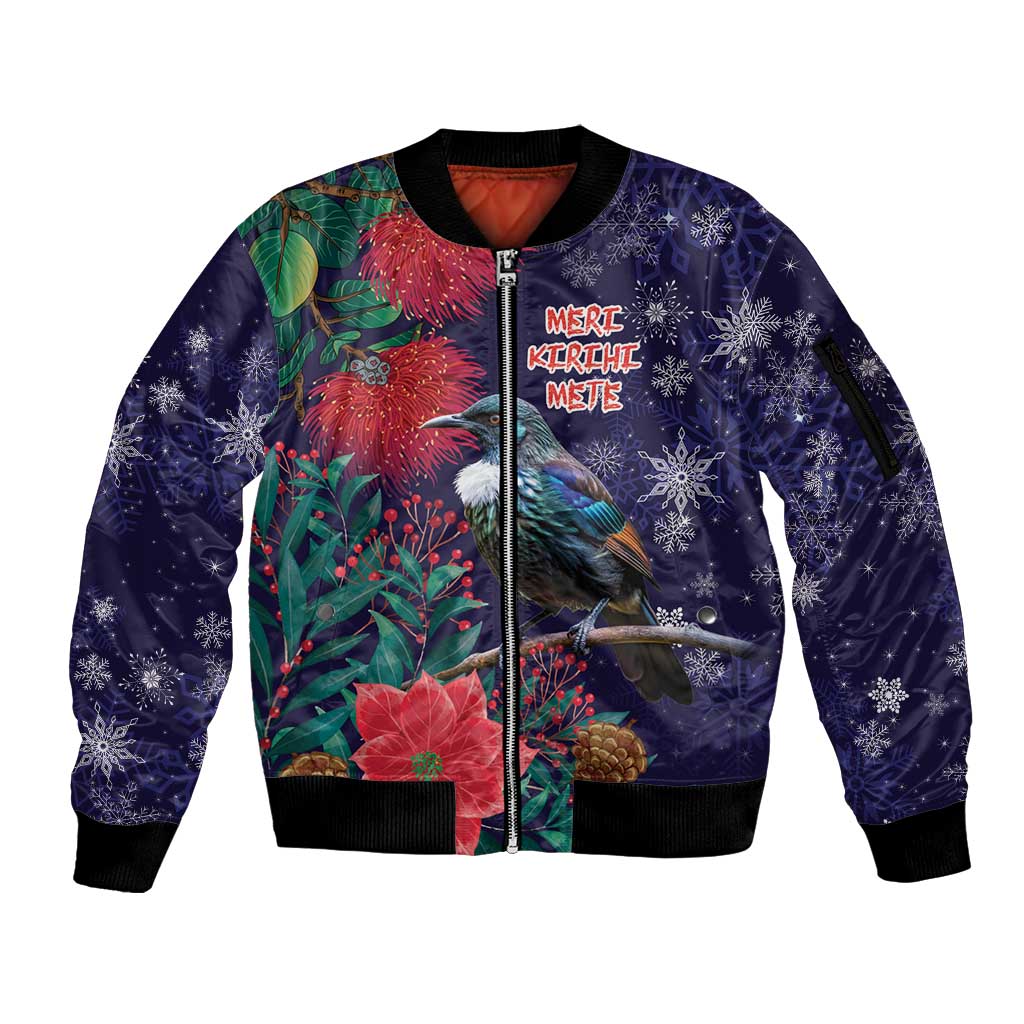 Tui Meri Kirihimete Personalised Sleeve Zip Bomber Jacket Pohutukawa Flowers Blue Motif - Aussie Hoodie