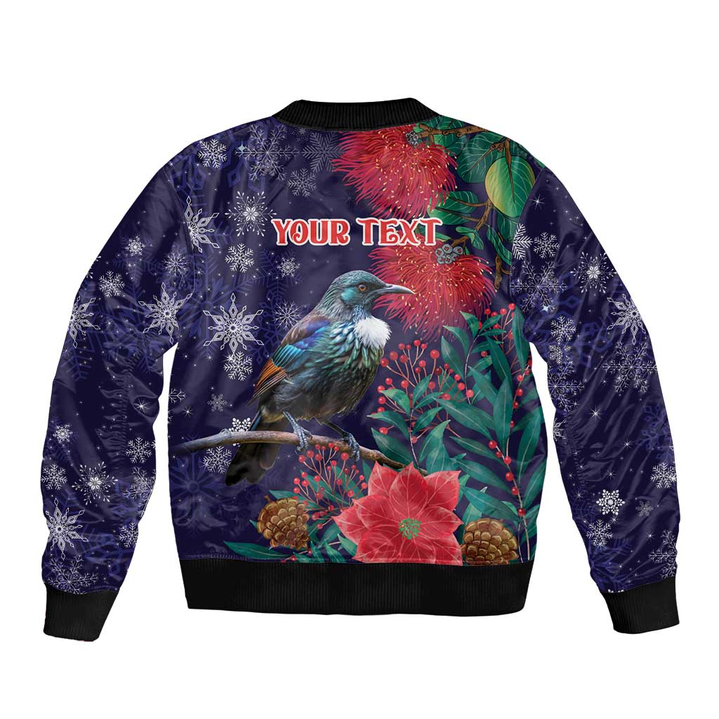 Tui Meri Kirihimete Personalised Sleeve Zip Bomber Jacket Pohutukawa Flowers Blue Motif - Aussie Hoodie