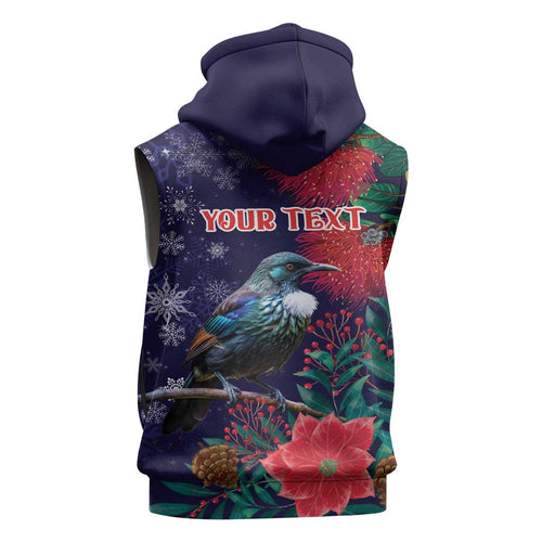 Tui Meri Kirihimete Personalised Sleeveless Hoodie Pohutukawa Flowers Blue Motif - Aussie Hoodie