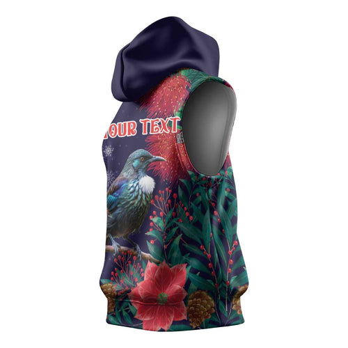 Tui Meri Kirihimete Personalised Sleeveless Hoodie Pohutukawa Flowers Blue Motif - Aussie Hoodie