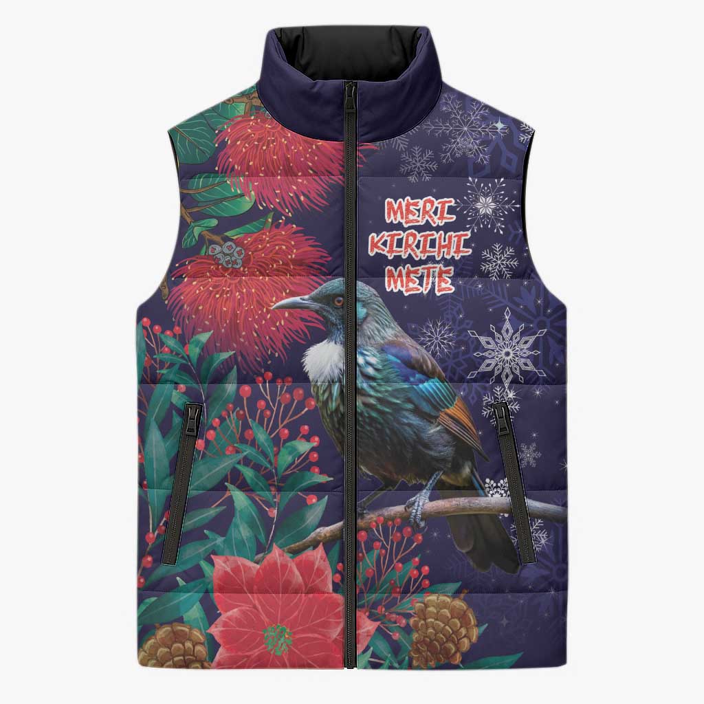 Tui Meri Kirihimete Personalised Sleeveless Puffer Jacket Pohutukawa Flowers Blue Motif - Aussie Hoodie