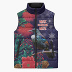 Tui Meri Kirihimete Personalised Sleeveless Puffer Jacket Pohutukawa Flowers Blue Motif - Aussie Hoodie
