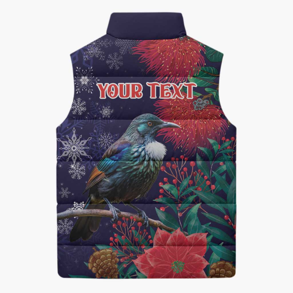 Tui Meri Kirihimete Personalised Sleeveless Puffer Jacket Pohutukawa Flowers Blue Motif - Aussie Hoodie