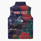Tui Meri Kirihimete Personalised Sleeveless Puffer Jacket Pohutukawa Flowers Blue Motif - Aussie Hoodie