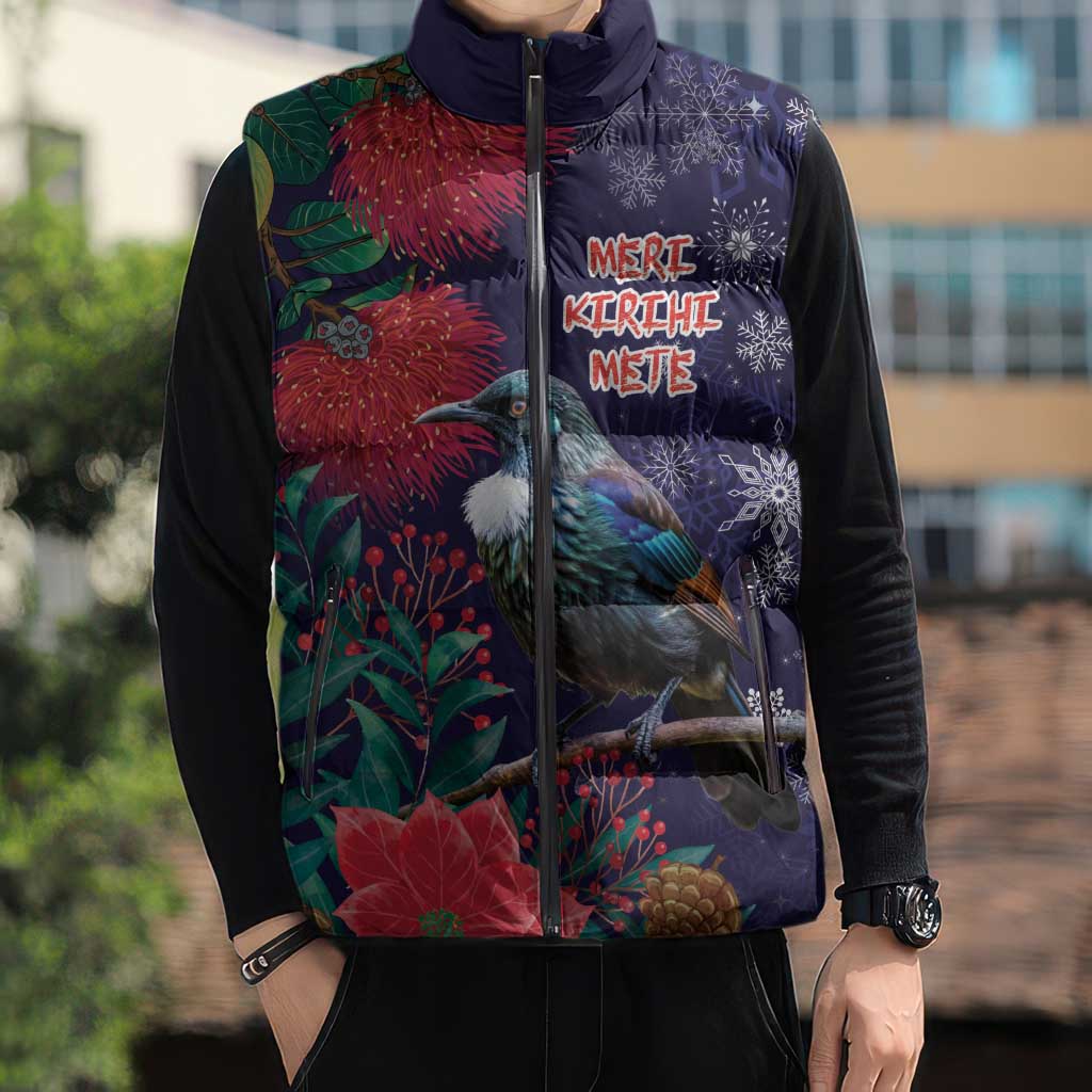 Tui Meri Kirihimete Personalised Sleeveless Puffer Jacket Pohutukawa Flowers Blue Motif - Aussie Hoodie