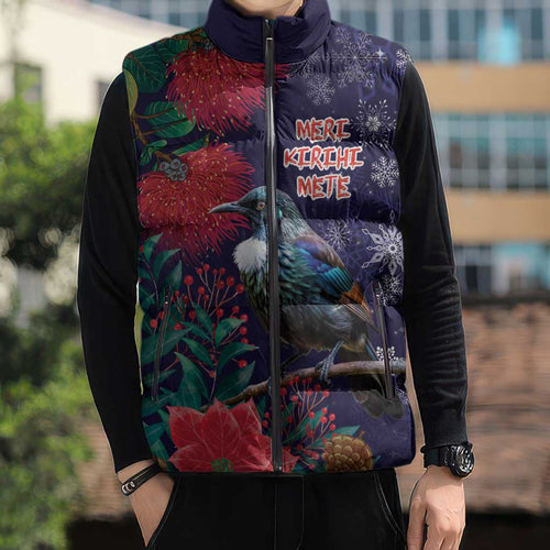 Tui Meri Kirihimete Personalised Sleeveless Puffer Jacket Pohutukawa Flowers Blue Motif - Aussie Hoodie