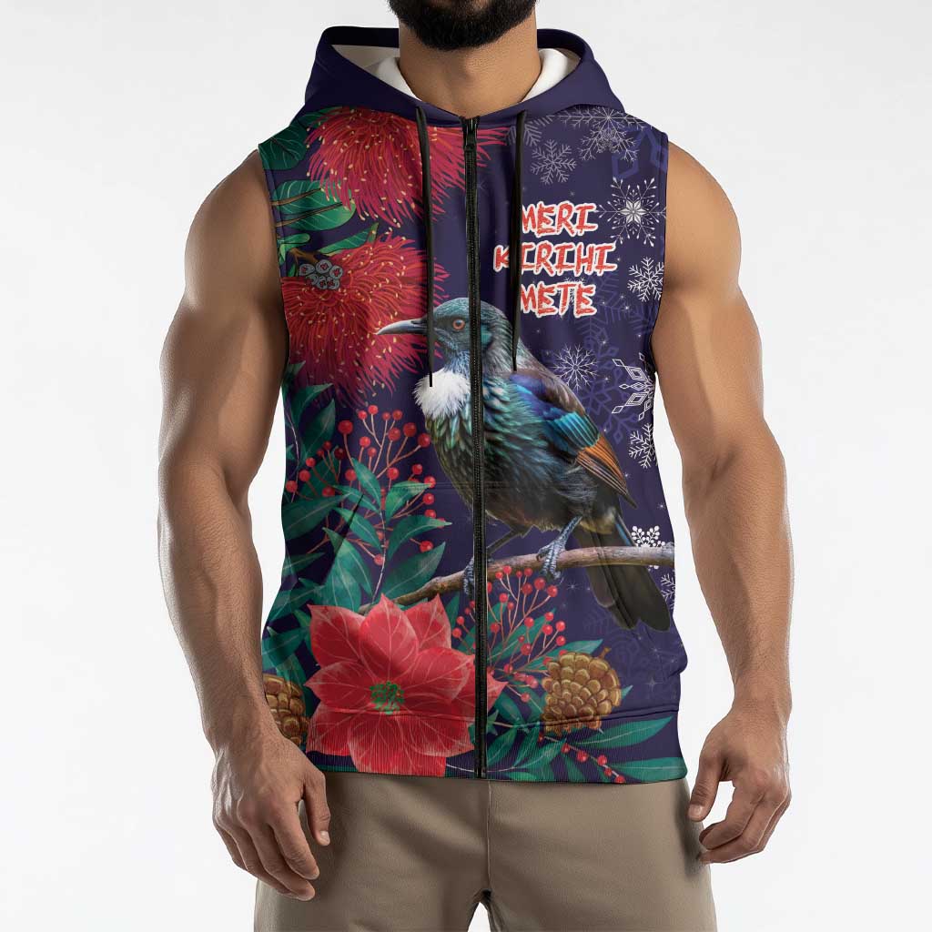 Tui Meri Kirihimete Personalised Sleeveless Zip Hoodie Pohutukawa Flowers Blue Motif LT9