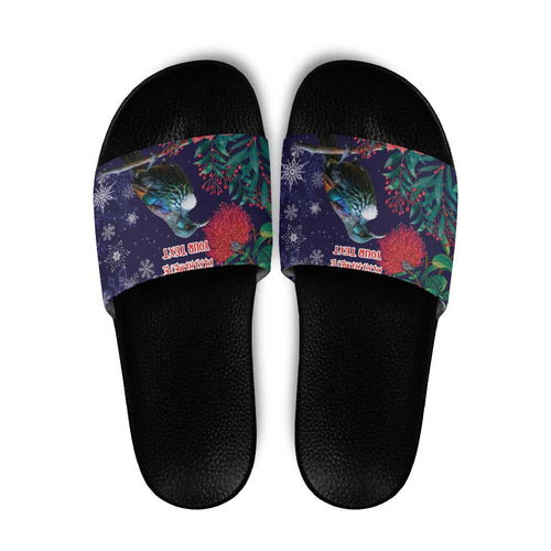Tui Meri Kirihimete Personalised Slide Sandals Pohutukawa Flowers Blue Motif - Aussie Hoodie