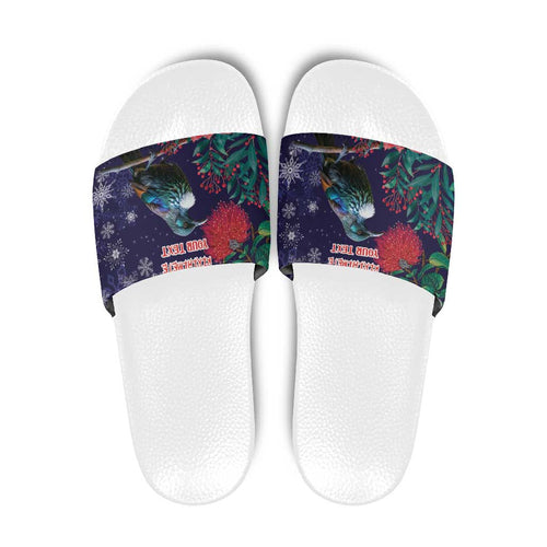 Tui Meri Kirihimete Personalised Slide Sandals Pohutukawa Flowers Blue Motif - Aussie Hoodie