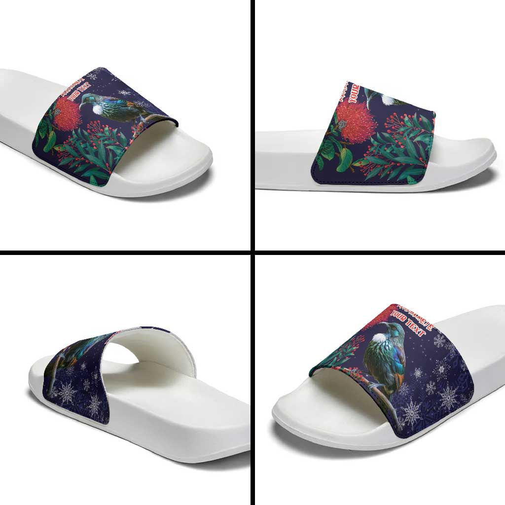 Tui Meri Kirihimete Personalised Slide Sandals Pohutukawa Flowers Blue Motif - Aussie Hoodie