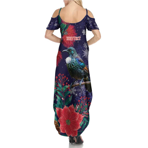 Tui Meri Kirihimete Personalised Summer Maxi Dress Pohutukawa Flowers Blue Motif - Aussie Hoodie