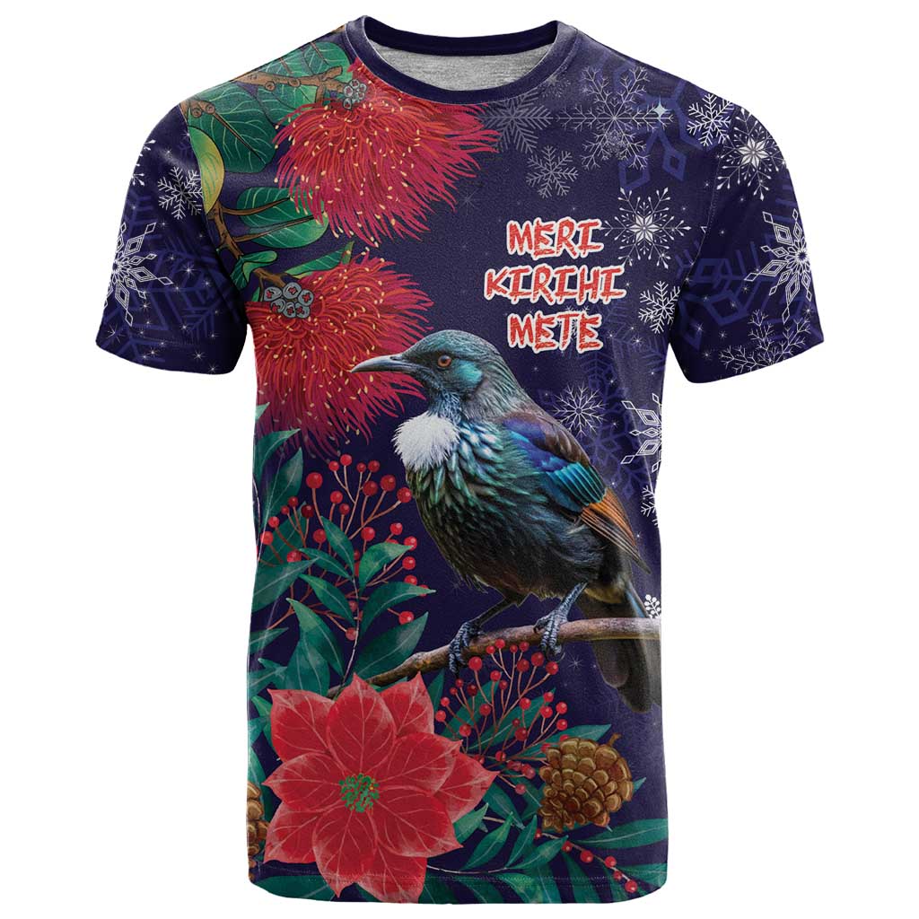 Tui Meri Kirihimete Personalised T Shirt Pohutukawa Flowers Blue Motif - Aussie Hoodie