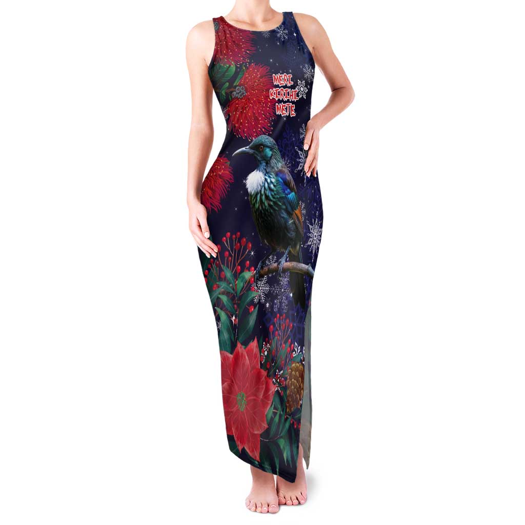 Tui Meri Kirihimete Personalised Tank Maxi Dress Pohutukawa Flowers Blue Motif - Aussie Hoodie