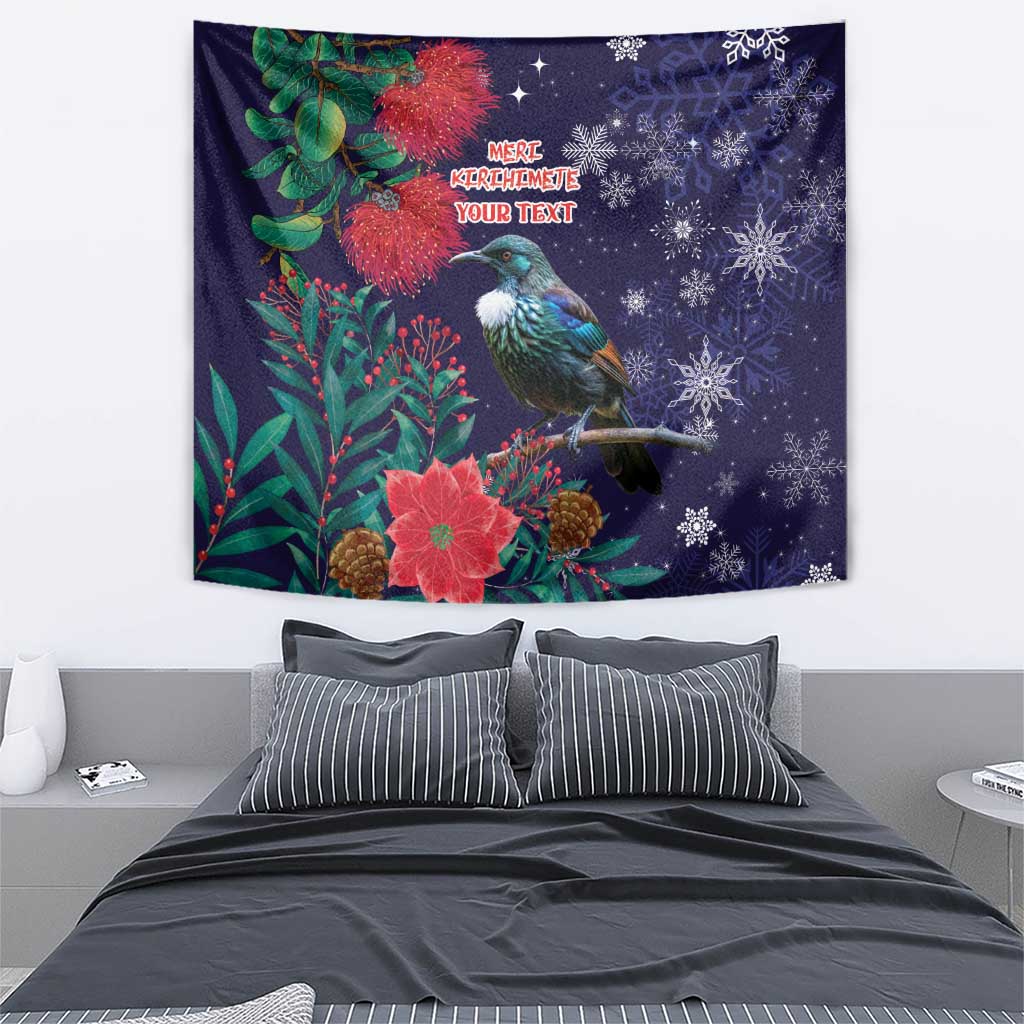 Tui Meri Kirihimete Personalised Tapestry Pohutukawa Flowers Blue Motif - Aussie Hoodie