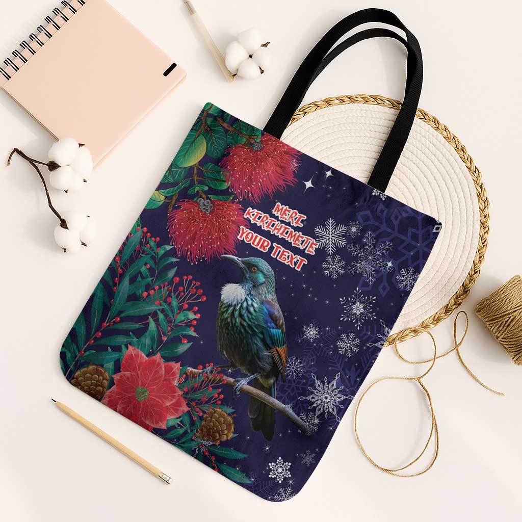 Tui Meri Kirihimete Personalised Tote Bag Pohutukawa Flowers Blue Motif - Aussie Hoodie