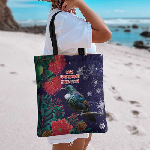 Tui Meri Kirihimete Personalised Tote Bag Pohutukawa Flowers Blue Motif - Aussie Hoodie