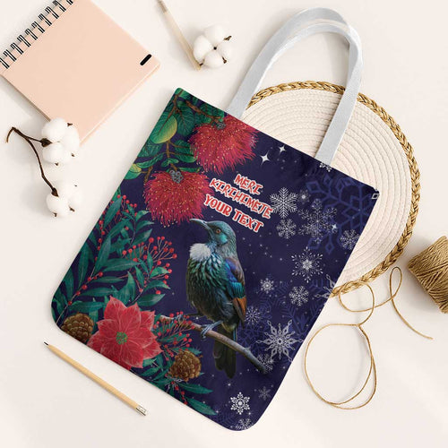 Tui Meri Kirihimete Personalised Tote Bag Pohutukawa Flowers Blue Motif - Aussie Hoodie